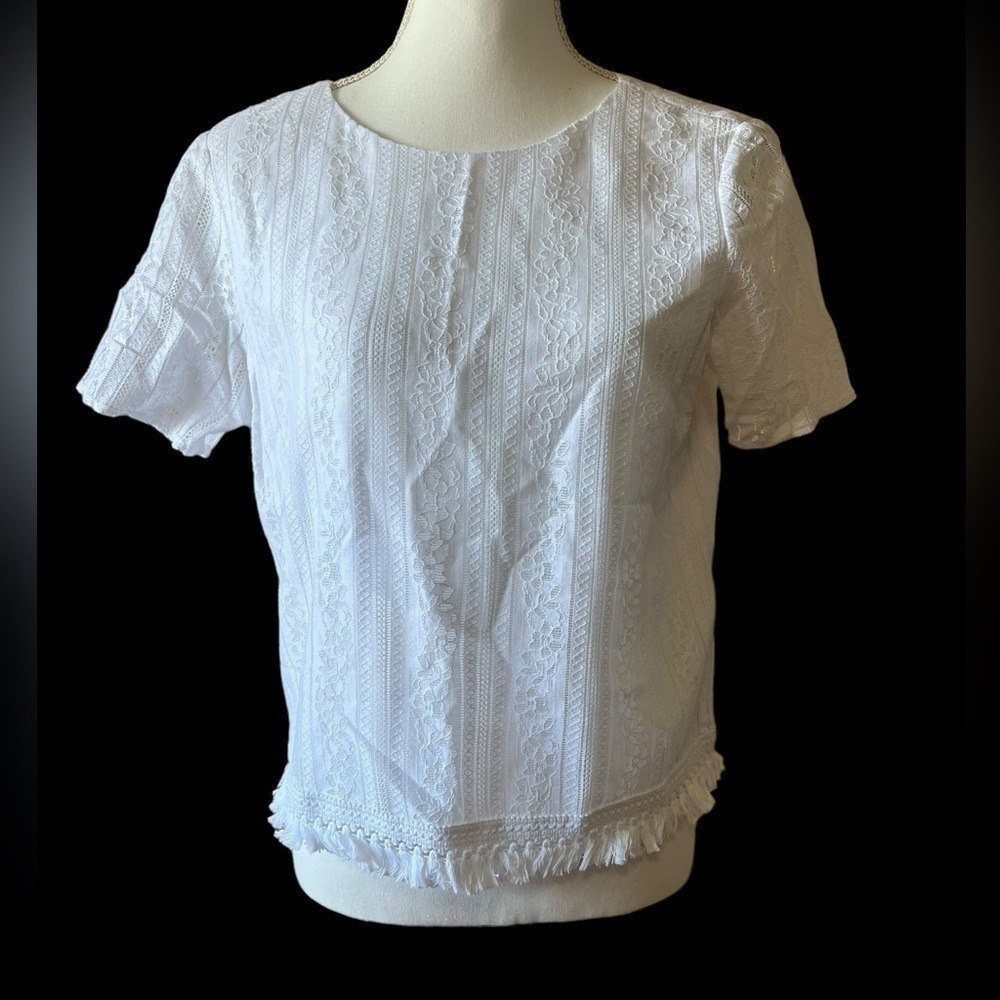 Michael Kors White Textured Patterned Short Sleeve Blouse‎ with Fringe Hem